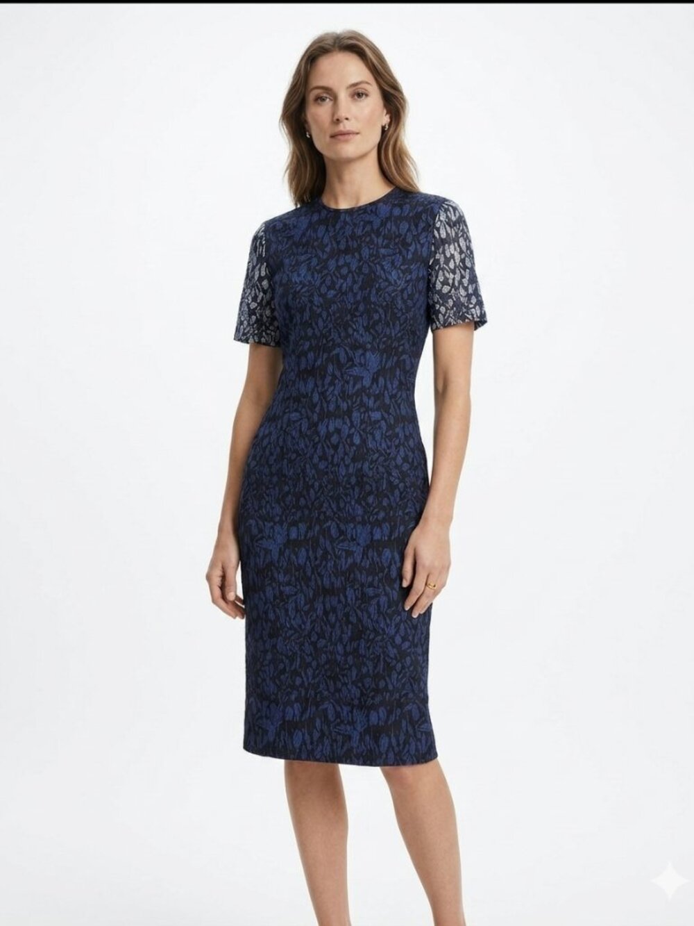 YIGAL AZROUEL BLACK BLUE WHITE ABSTRACT PATTERN SHORT SLEEVE SHEATH MIDI DRESS